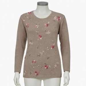 Shenanigans Floral Embroidered Sweater‎ L Beige Pink Flowers Boho Cottagecore